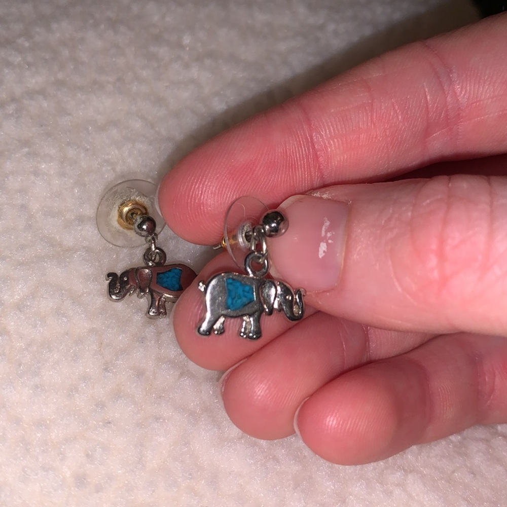 Silver and turquoise teal elephant stud drop earrings - Picture 4 of 6